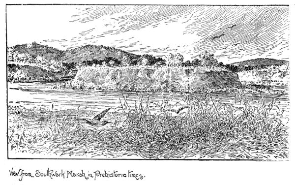 View from Southwark Marsh in Prehistoric Times.